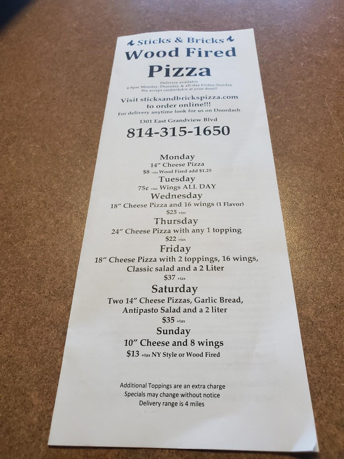Menu At Sticks And Bricks Wood Fired Pizza Pizzeria Erie E Grandview Blvd