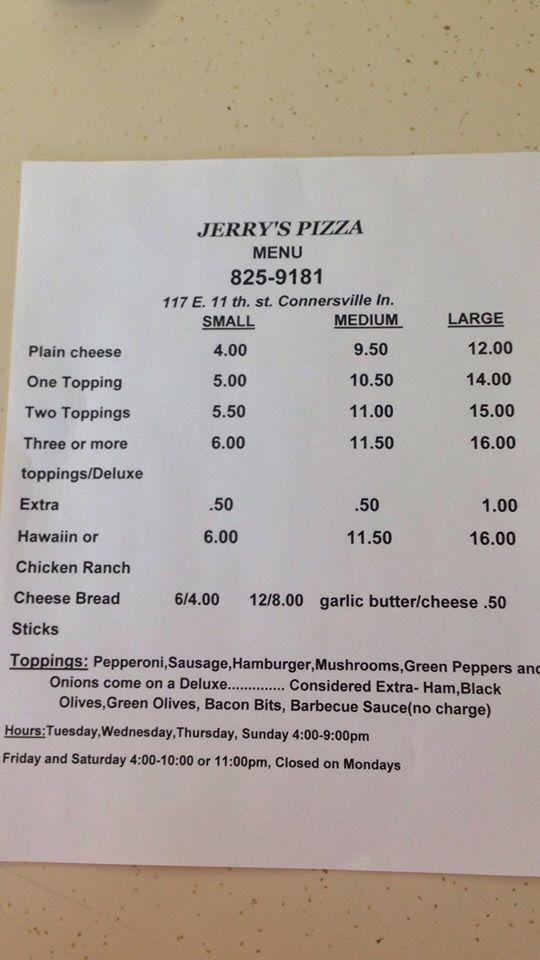 Menu at Jerry's Pizza pizzeria, Connersville