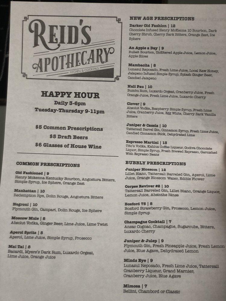 Menu at Reid's Apothecary pub & bar, Brunswick