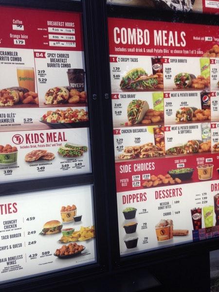 Menu at Taco John's fast food, Ankeny