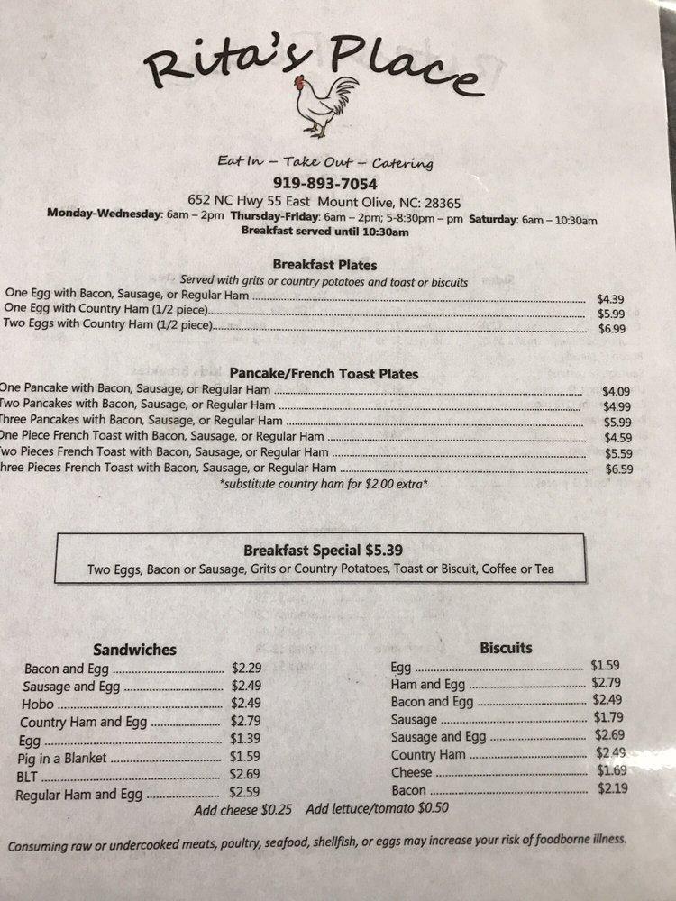 Menu at Rita's Place BBQ, Mount Olive