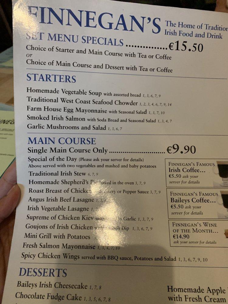 Menu at Finnegans restaurant, Galway