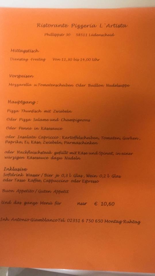 Speisekarte von L'Artista restaurant, Lüdenscheid