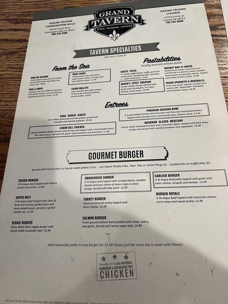 Menu at Grand Tavern Livonia pub & bar, Livonia