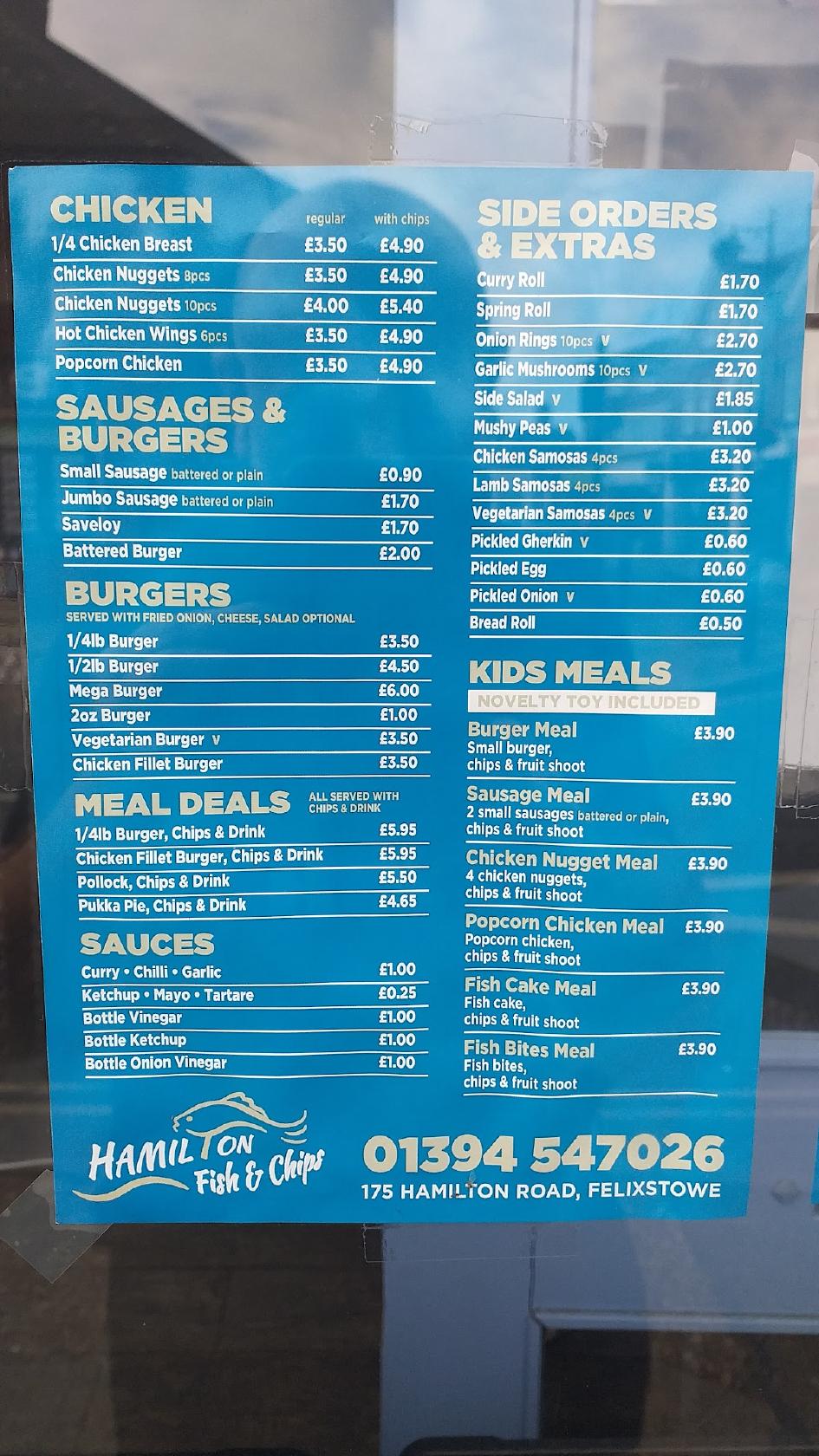 Menu at Hamilton Fish & Chips fast food, Felixstowe