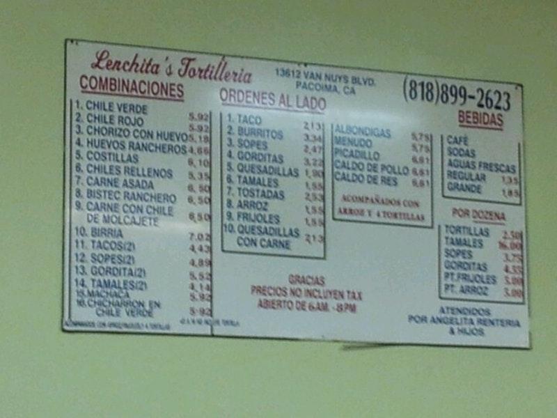 Menu at Lenchita's restaurant, Los Angeles