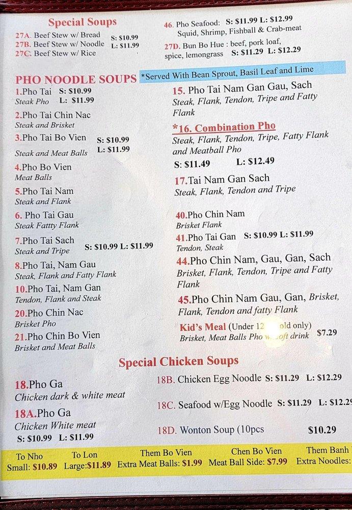 Menu at Pho Lynn Vietnamese Restaurant Olympia