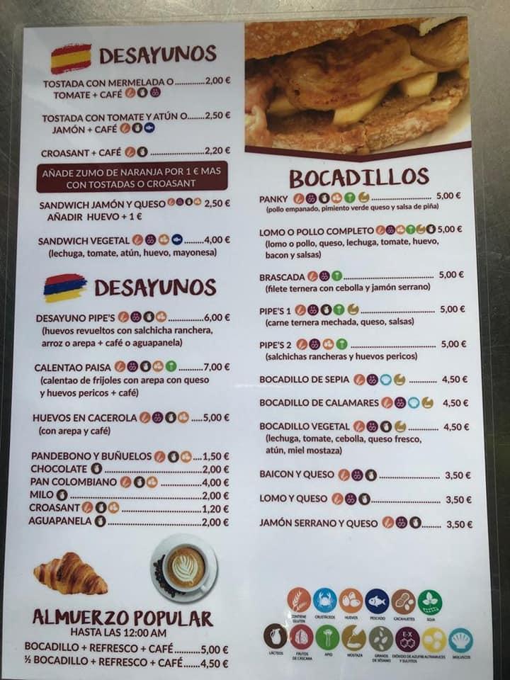 Menu at Pipes Café Bar, Port de Sagunt