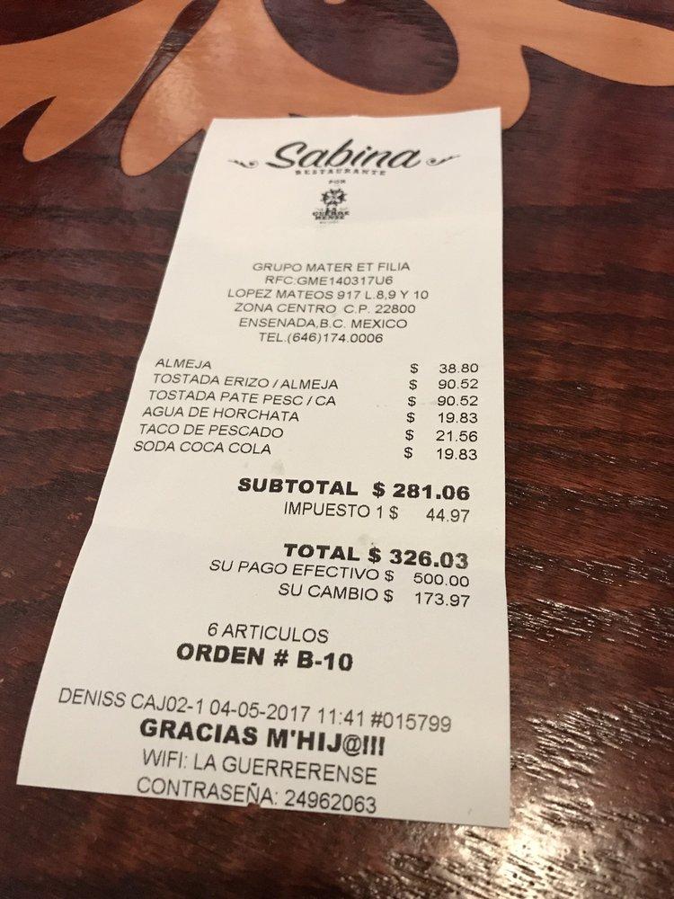 Menu at Sabina Restaurante por La Guerrerense, Ensenada