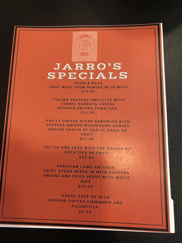 Menu at Jarro’s Cafe, Moorpark