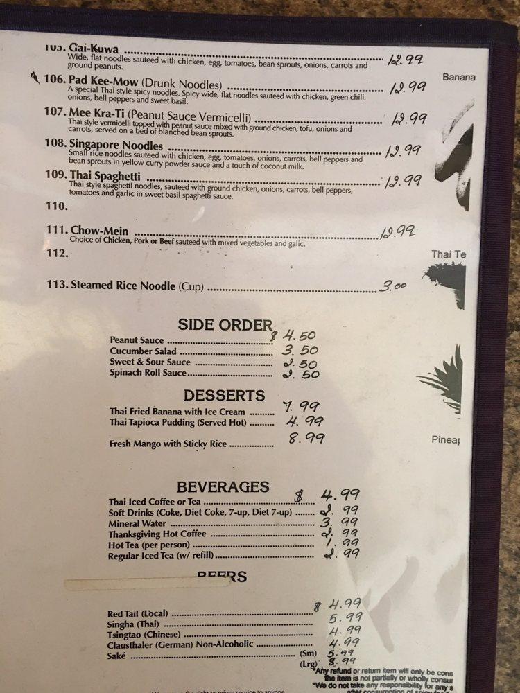 Menu at Ruen Tong Thai Cuisine restaurant, Ukiah