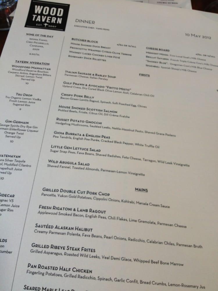 Menu at Wood Tavern restaurant, Oakland