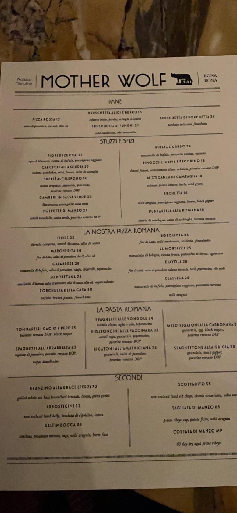 Menu at Mother Wolf restaurant, Los Angeles