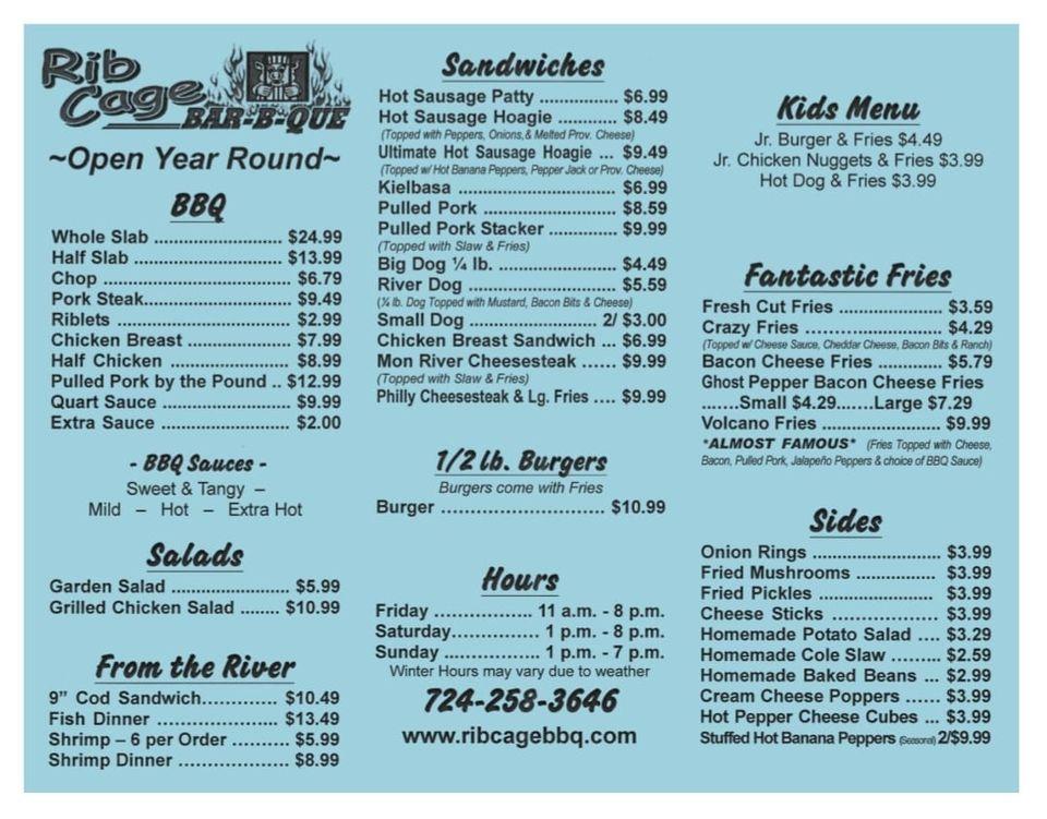 Menu at Rib Cage BBQ, Monongahela