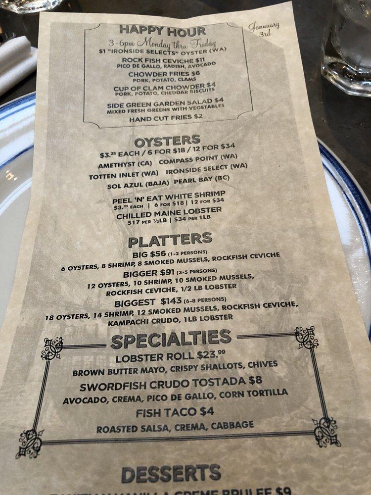 Menu at Ironside Fish & Oyster restaurant, San Diego, India St