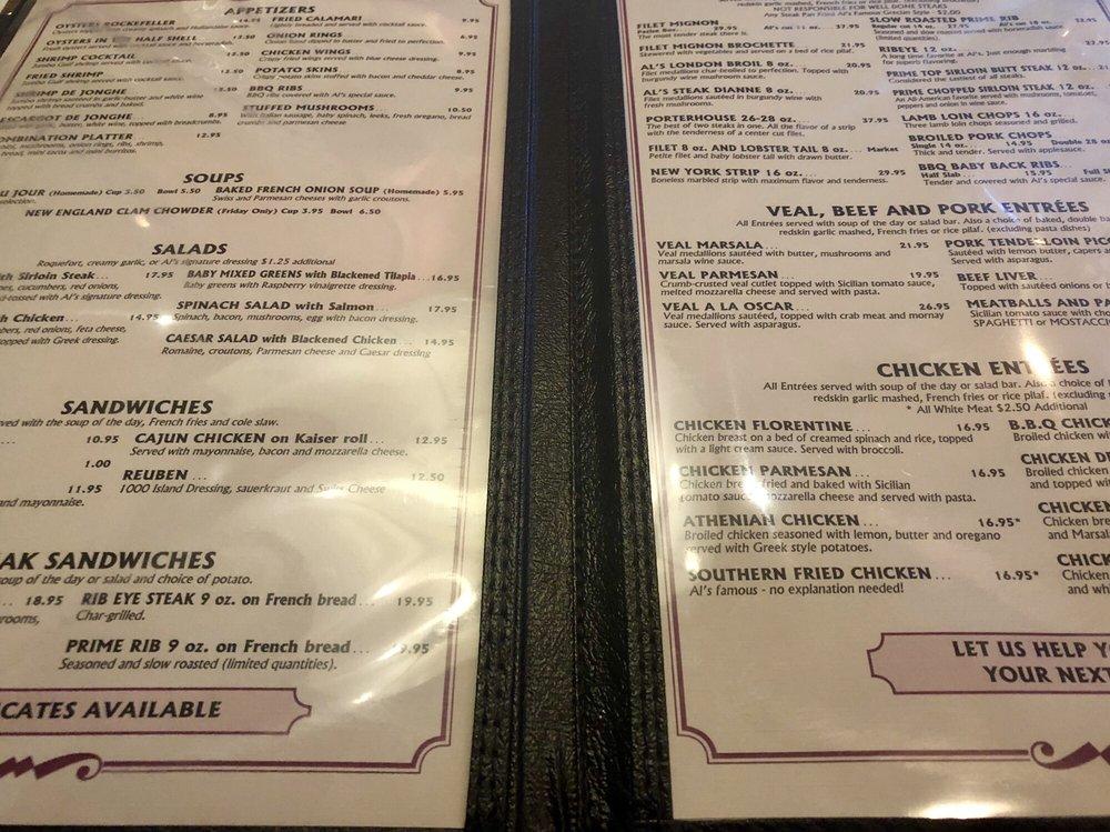 Menu at Al's Steak House Restaurant, Joliet