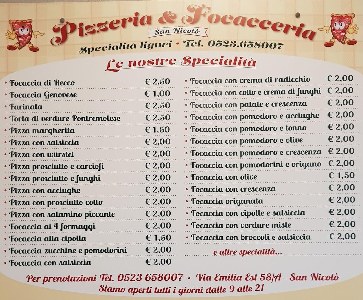 Carta de Pizzeria & Focacceria San Nicolò, San Nicolò a Trebbia