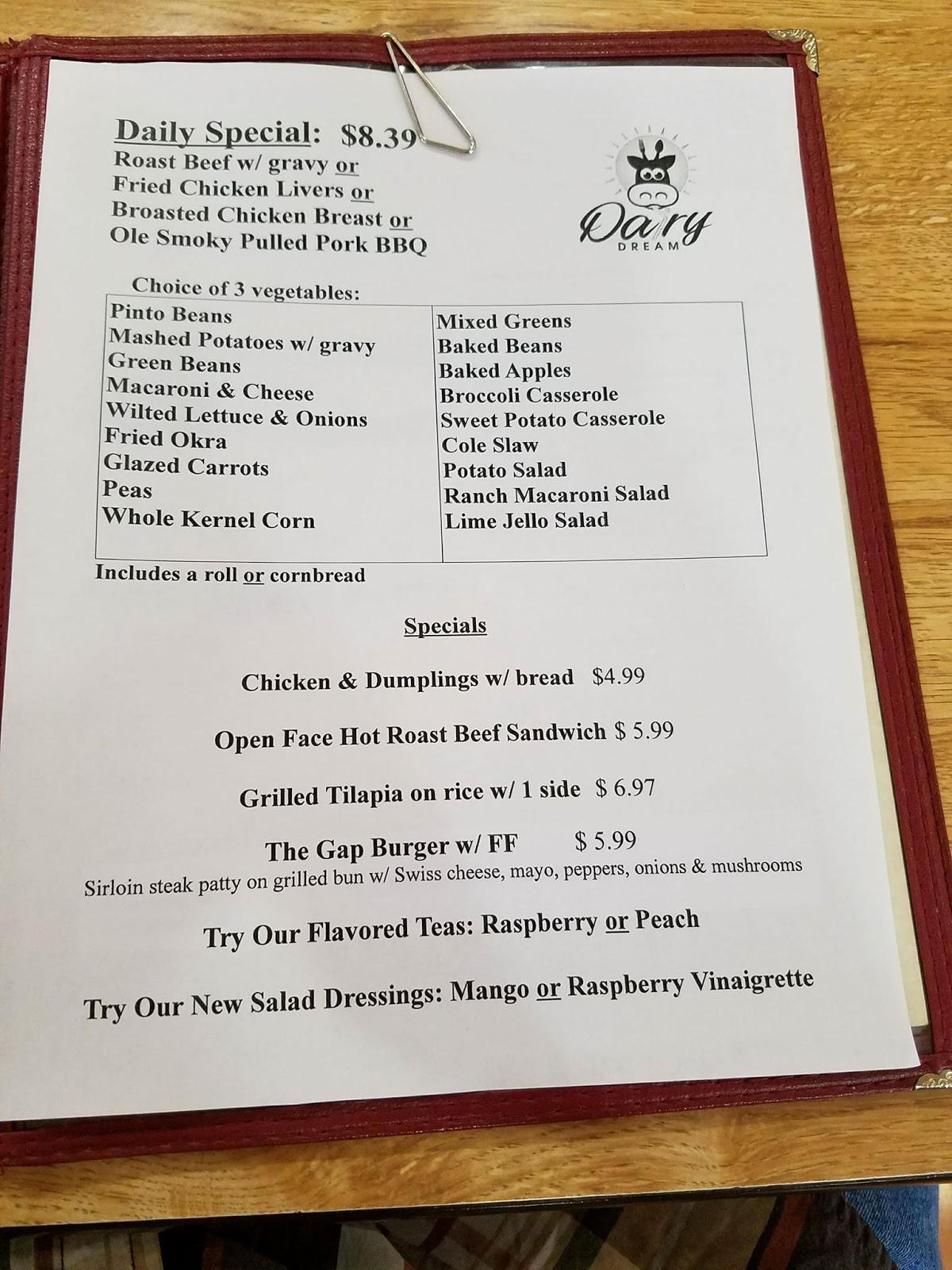 Menu at Dairy Dream restaurant, Bulls Gap, 271 Highway 11 E