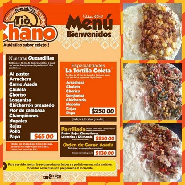 Menu at QUESADILLAS TIO CHANO restaurant, San Cristóbal de las Casas