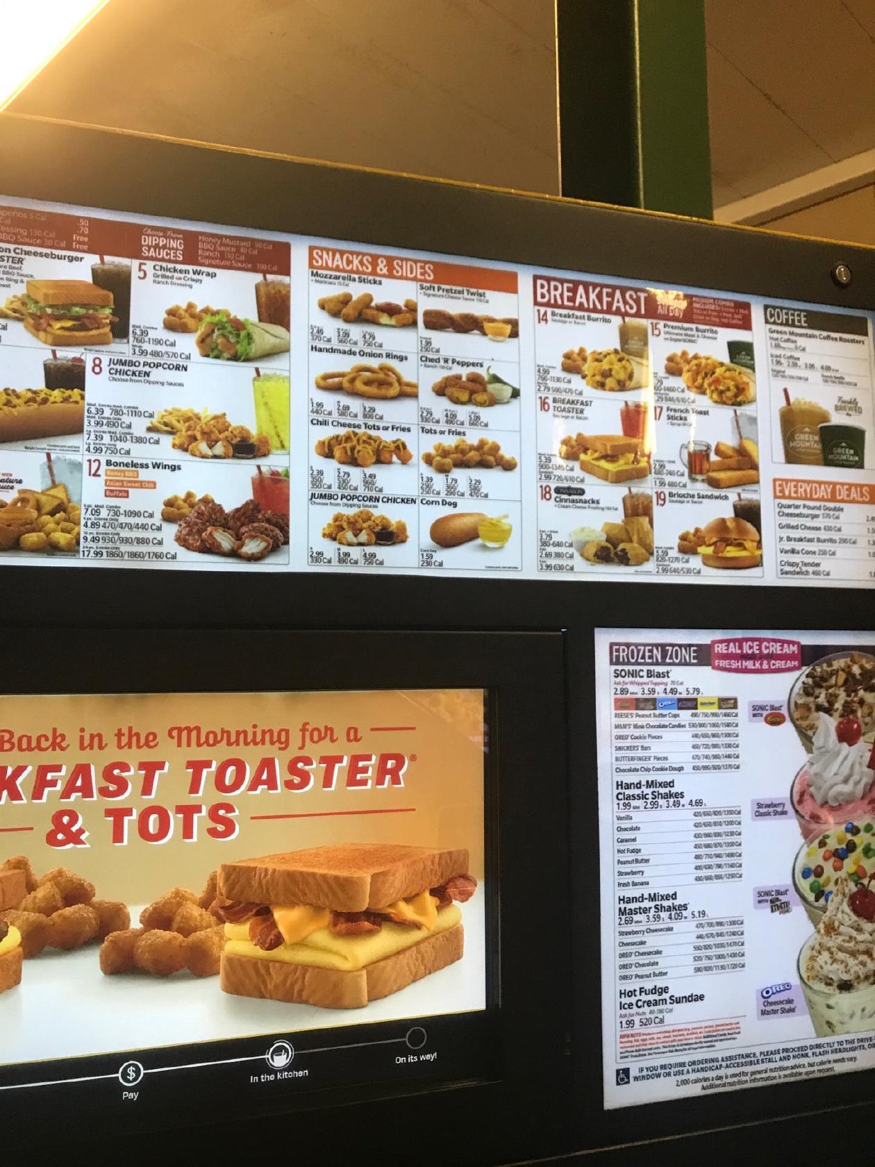 Menu at Sonic DriveIn fast food, Harrisburg, State Hwy 49