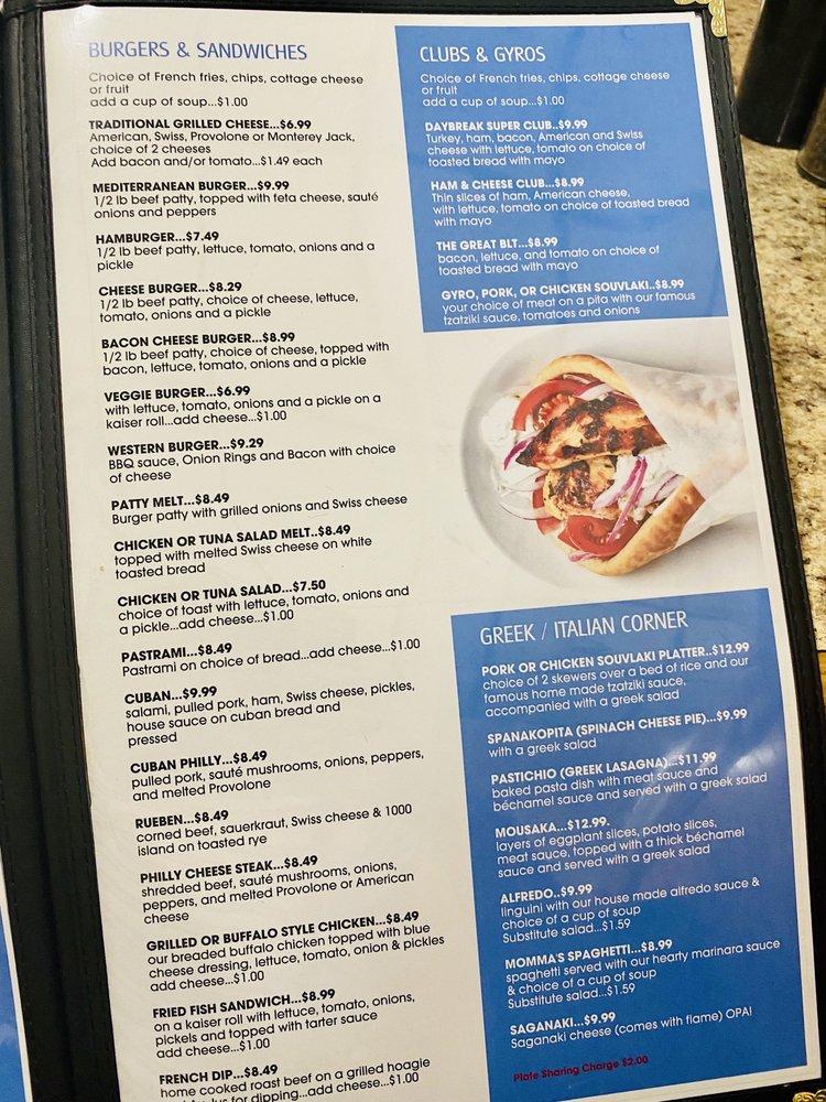 Menu at Daybreak Cafe, Tarpon Springs