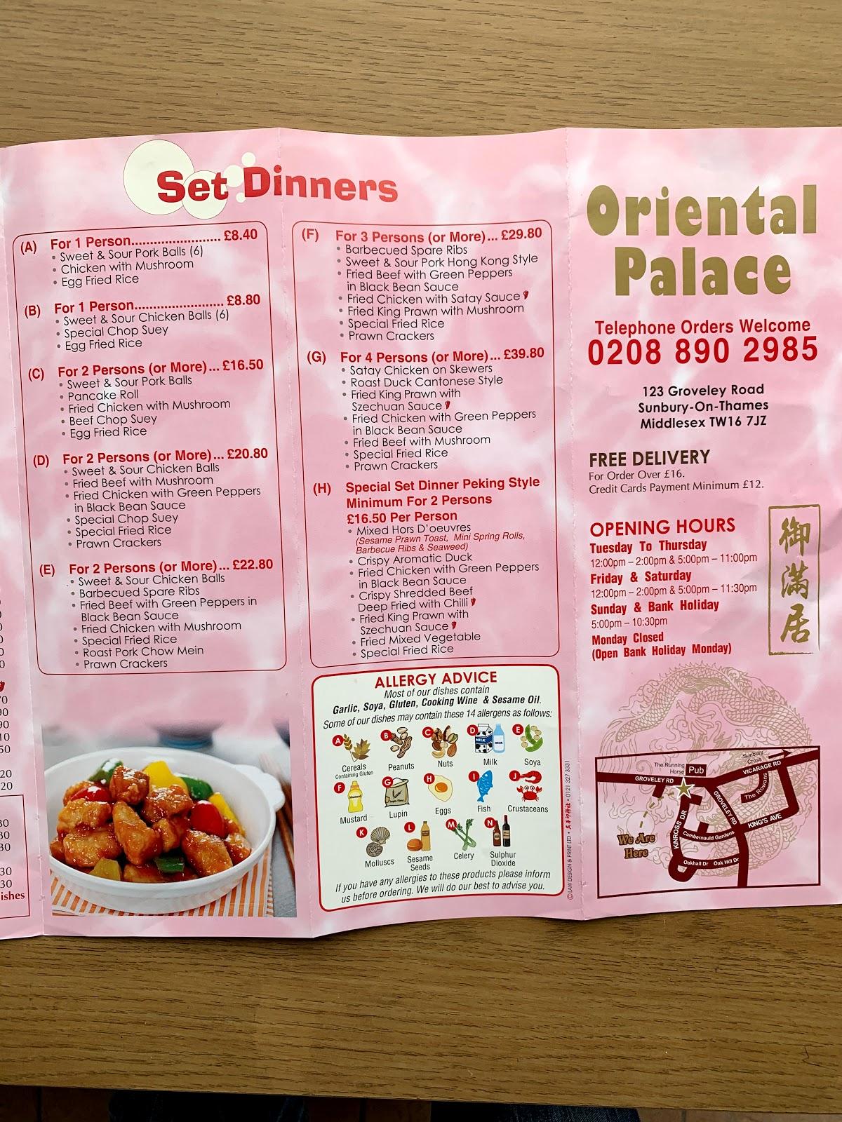 Menu at Oriental Palace restaurant, Sunbury-on-Thames