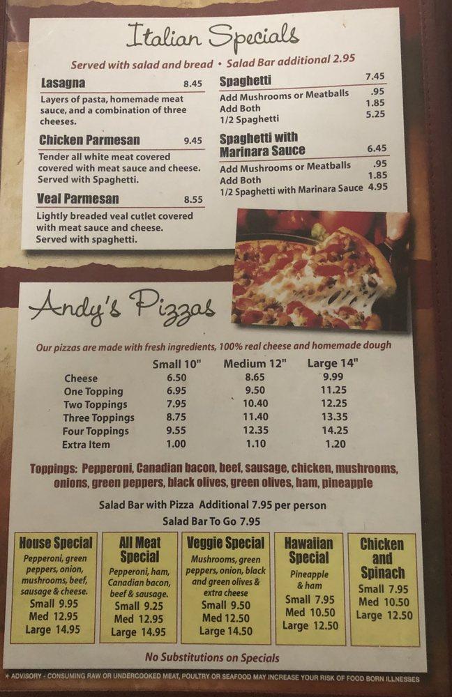 Menu at Andy's Pizza pizzeria, Dunlap