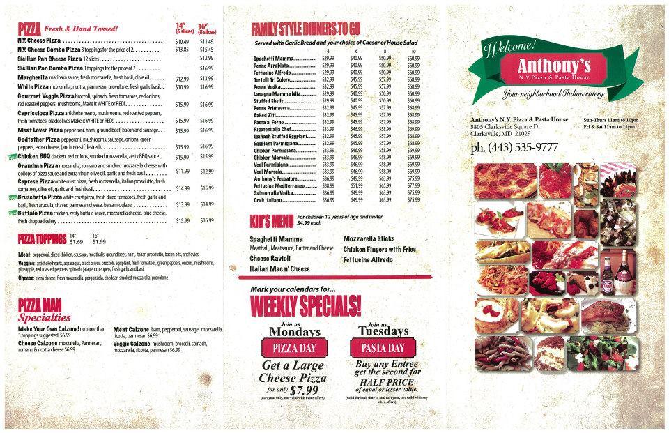 Menu at Anthony's NY Pizza and Pasta House pizzeria, Clarksville