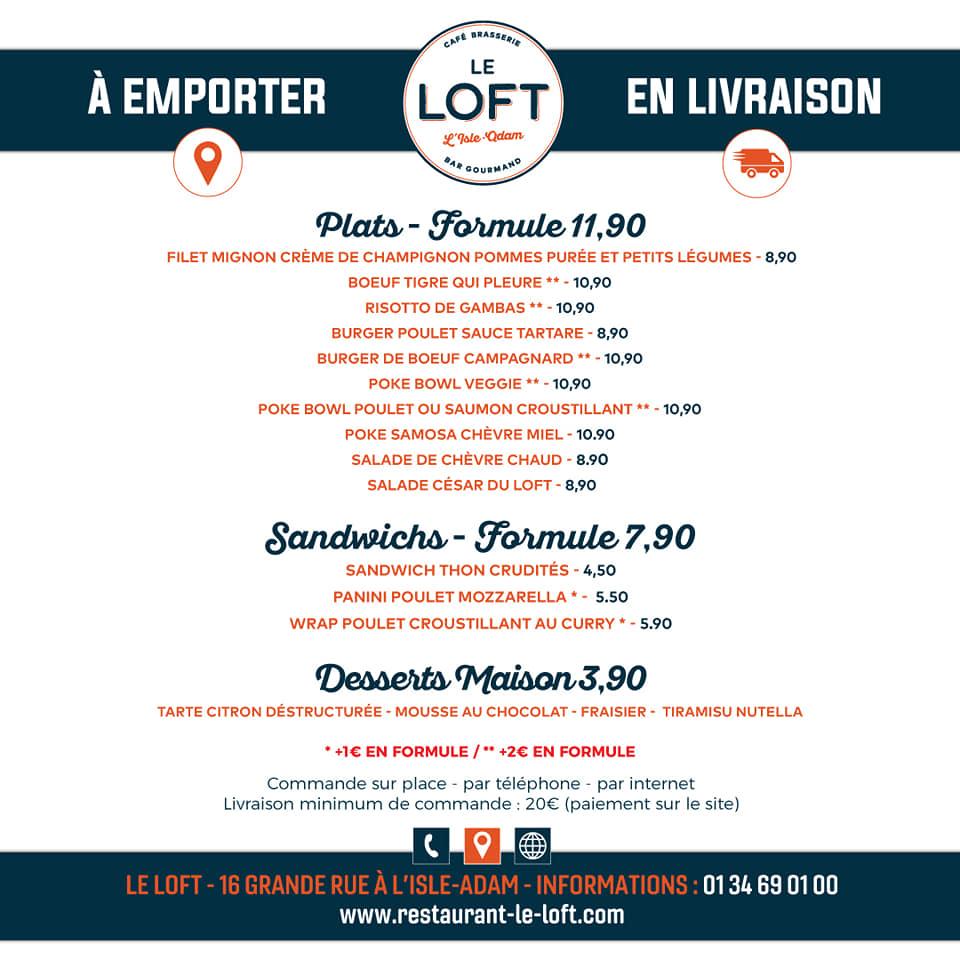 Menu at Le Loft restaurant, L'Isle-Adam