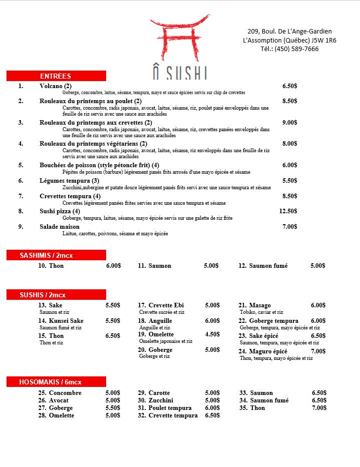 Menu de Restaurant O Sushi