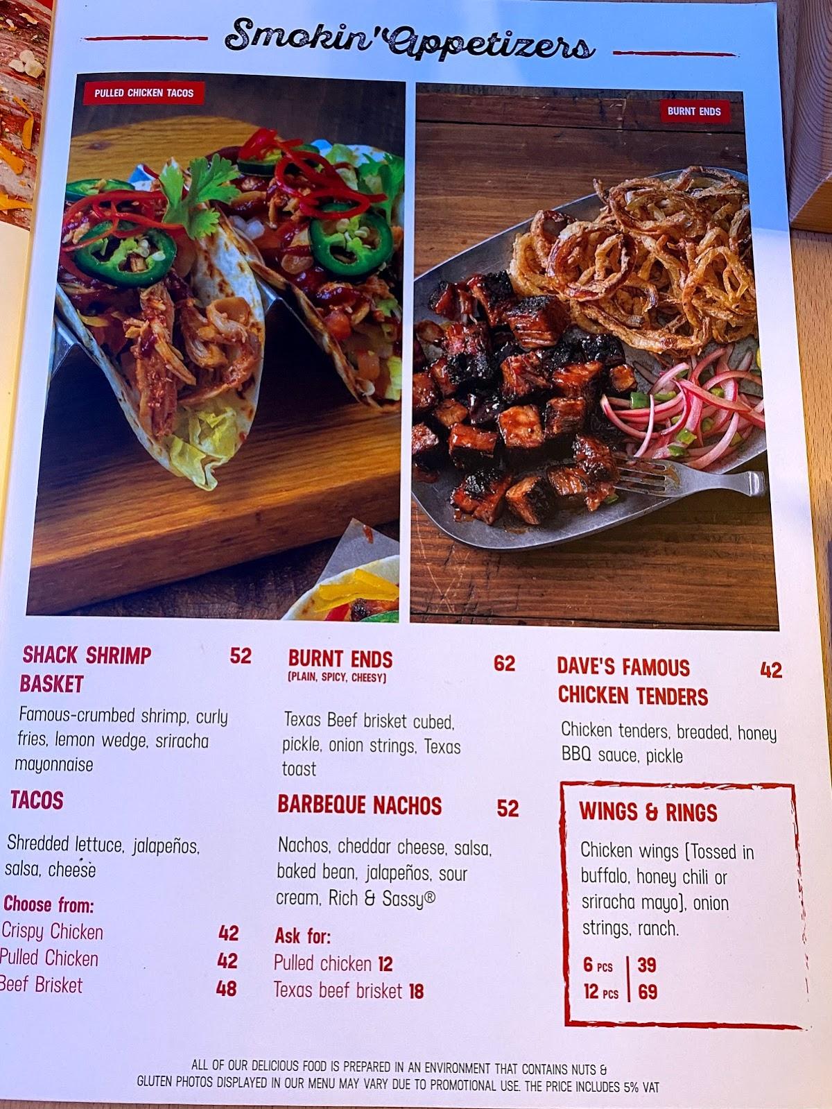 Menu at Famous Dave's restaurant, Dubai