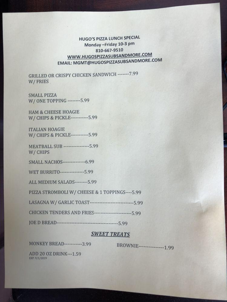 Menu at Hugo's Pizza pizzeria, Lapeer