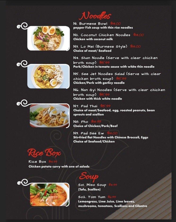 Menu at Burmese Bowl restaurant, Lee