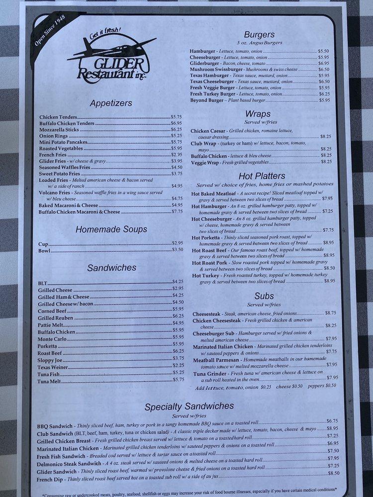 Menu at Glider Diner restaurant, Scranton