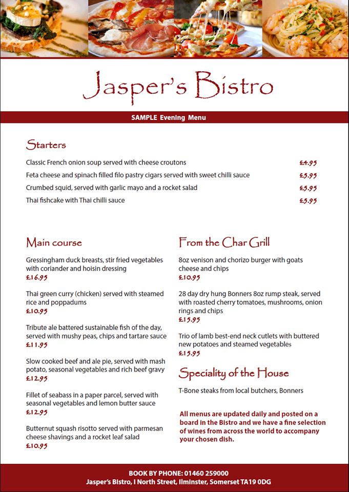 Menu at Jasper's Bistro, Ilminster