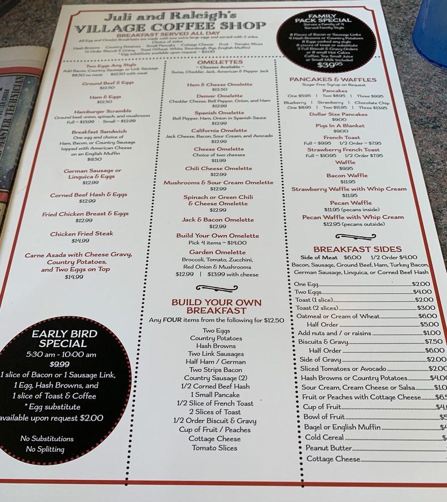 Menu at Juli & Raleighs Village Coffee Shop, Lodi