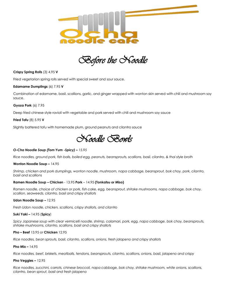 Menu at OCha Noodle Cafe, Beaufort