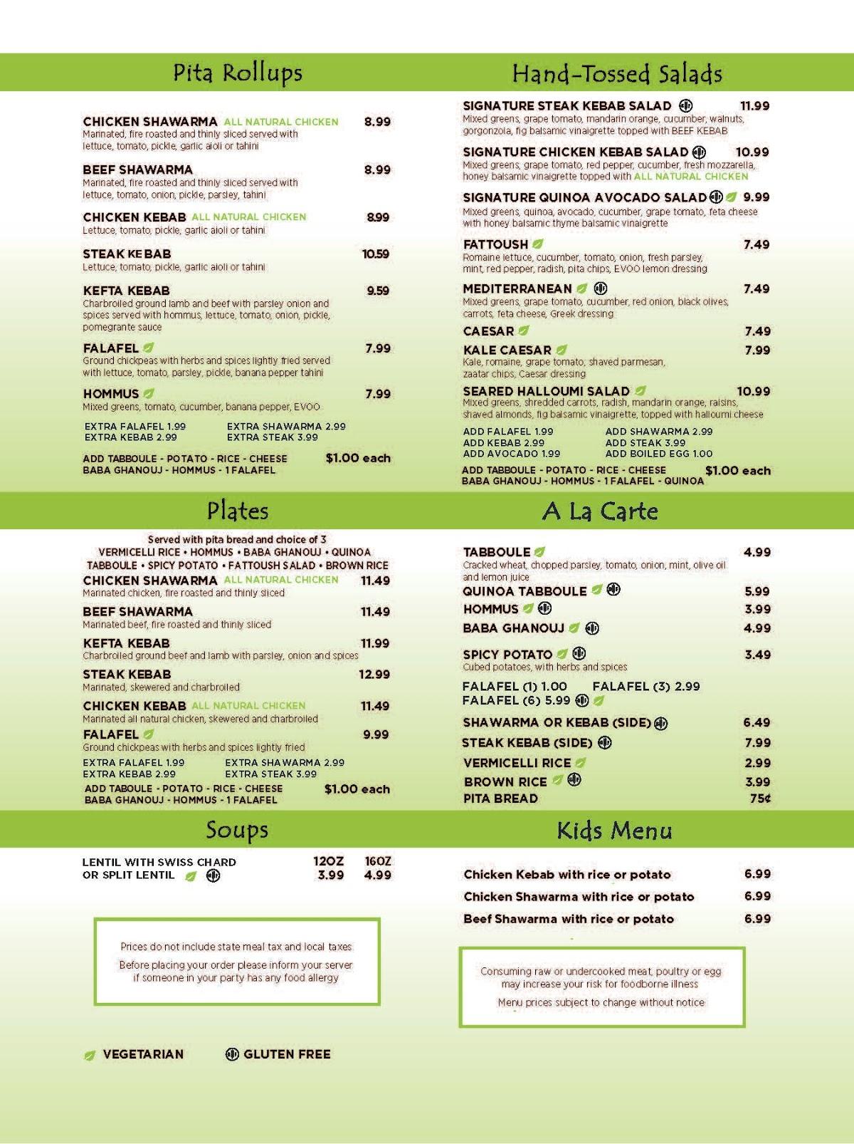 Menu at Pita Thyme restaurant, North Andover