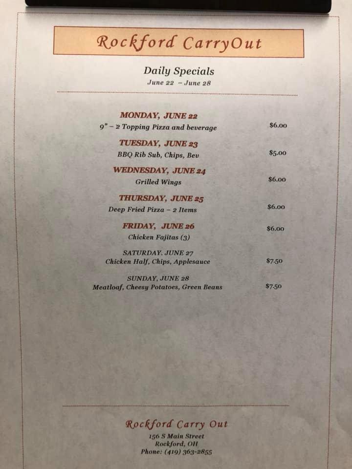 Menu at Rockford Carry Out pizzeria, Rockford