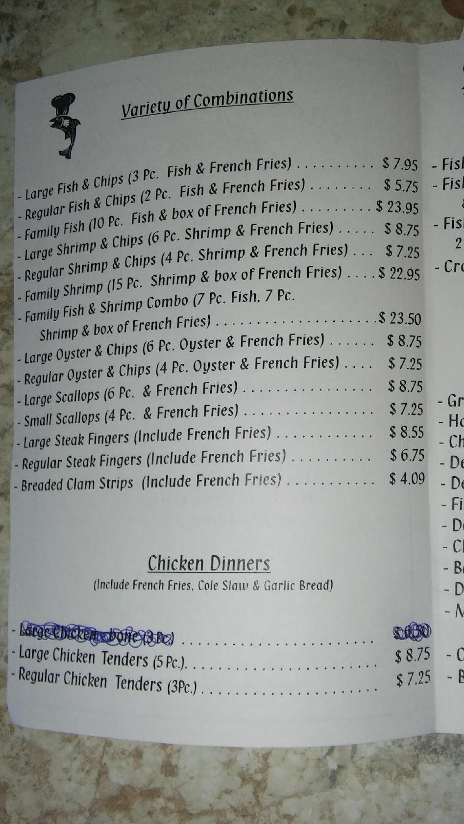 Menu at Sue's Fish & Chips restaurant, Tucson