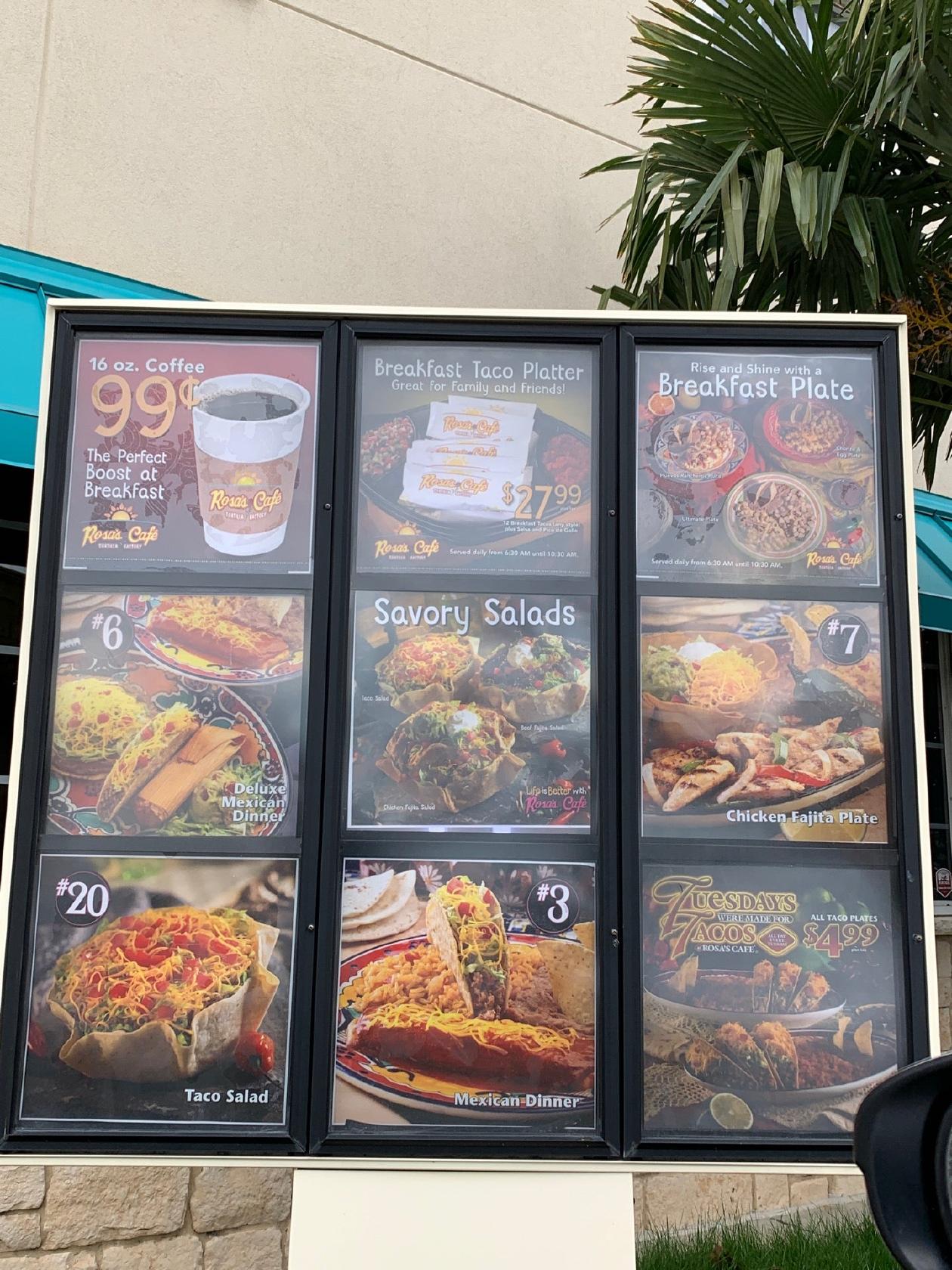 Menu at Rosa's Café & Tortilla Factory restaurant, Lewisville, State