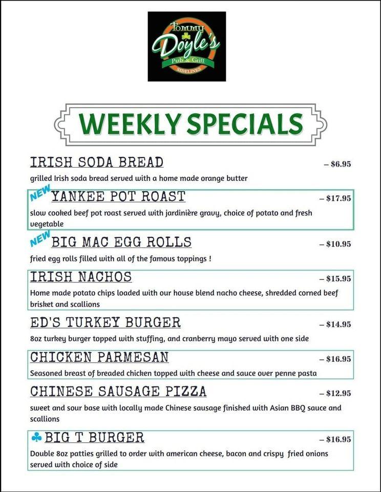 Menu at Tommy Doyle's at Sidelines pub & bar, Brockton