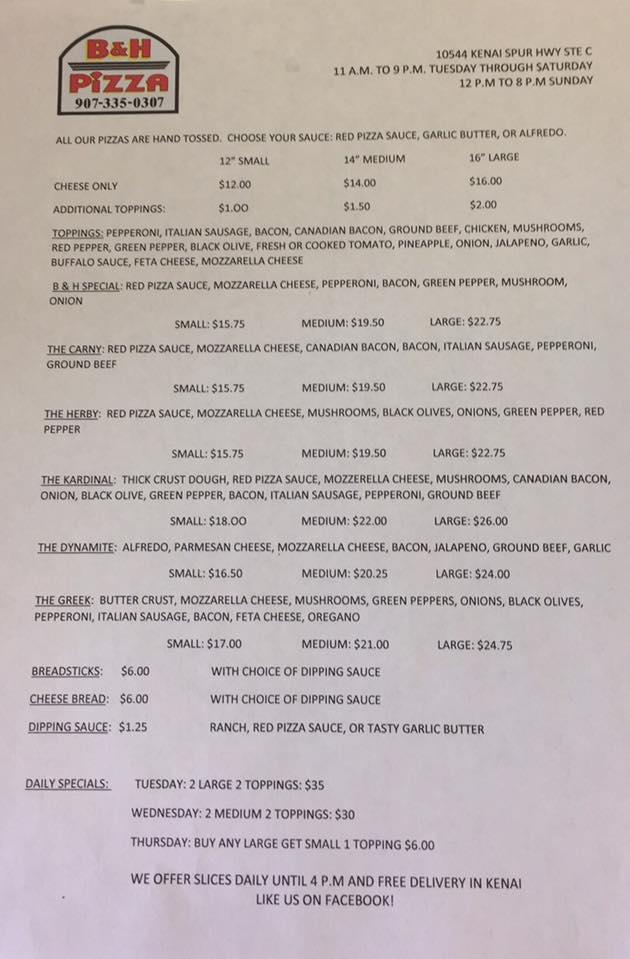 Menu at B & H Pizza pizzeria, Kenai