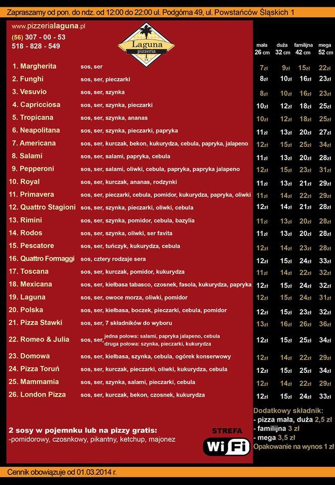 Menu at Pizzeria Laguna, Torun, Powstańców Śląskich 1