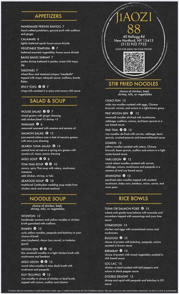 Menu at Jiaozi 88 restaurant, New Hartford