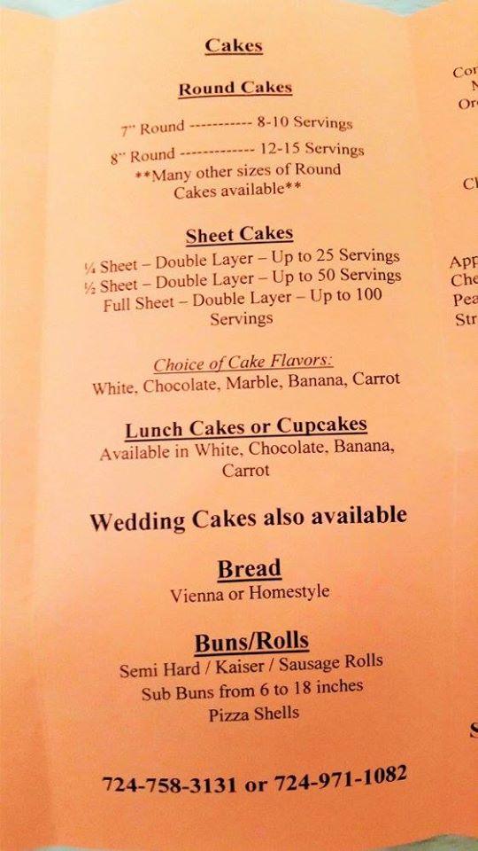 Menu at Kimmel's Bakery, Ellwood City