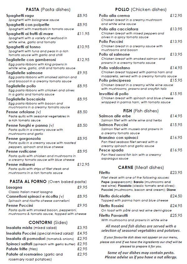 Menu at Puccini's restaurant, Barnsley