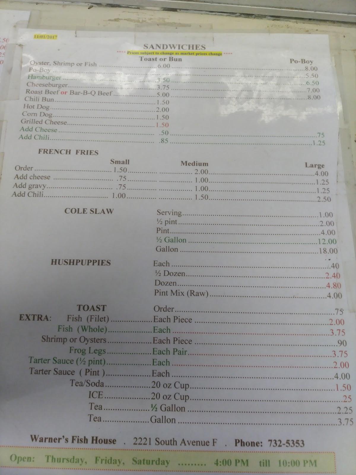 Menu at Warner's Fish House restaurant, Bogalusa