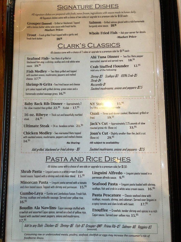 Menu at Clark's Fish Camp Seafood Restaurant, Jacksonville