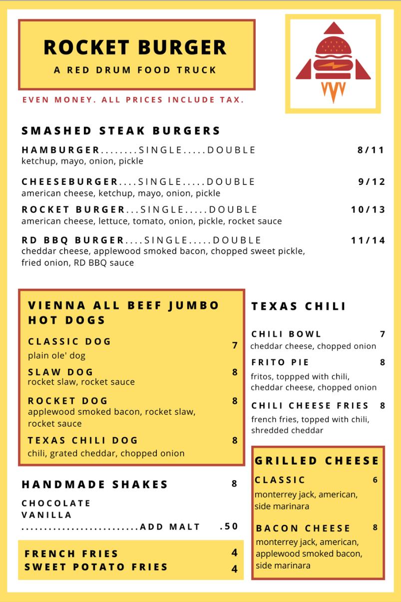 Menu at Rocket Burger Food Truck restaurant, Mount Pleasant